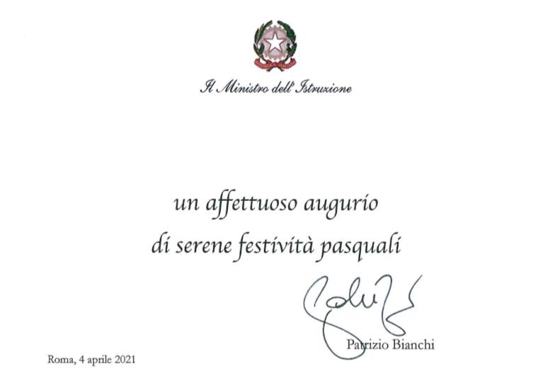 AUGURI DI BUONA PASQUA – MINISTRO  DELL’ISTRUZIONE  PROF. PATRIZIO BIANCHI
